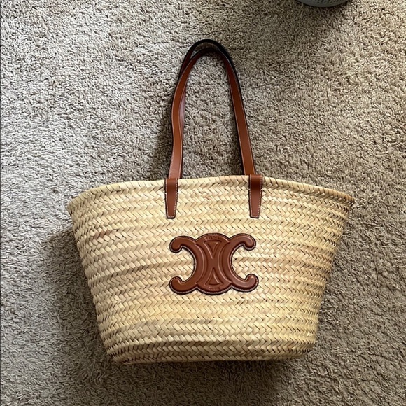 MEDIUM TRIOMPHE CELINE CLASSIC PANIER IN PALM LEAVES AND CALFSKIN TAN - Picture 7 of 16